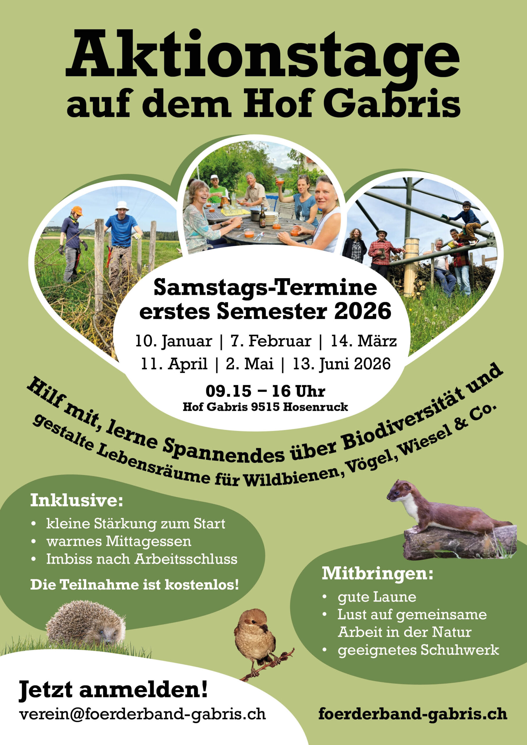 Aktionstage erstes Semester 2026 jeweils Samstag 9.15 Uhr bis 16 Uhr
10. Januar, 7. Februar, 14. März, 11. April, 2. Mai, 13. Juni
Anmeldung %76%65%72%65%69%6E%40%66%6F%65%72%64%65%72%62%61%6E%64%2D%67%61%62%72%69%73%2E%63%68