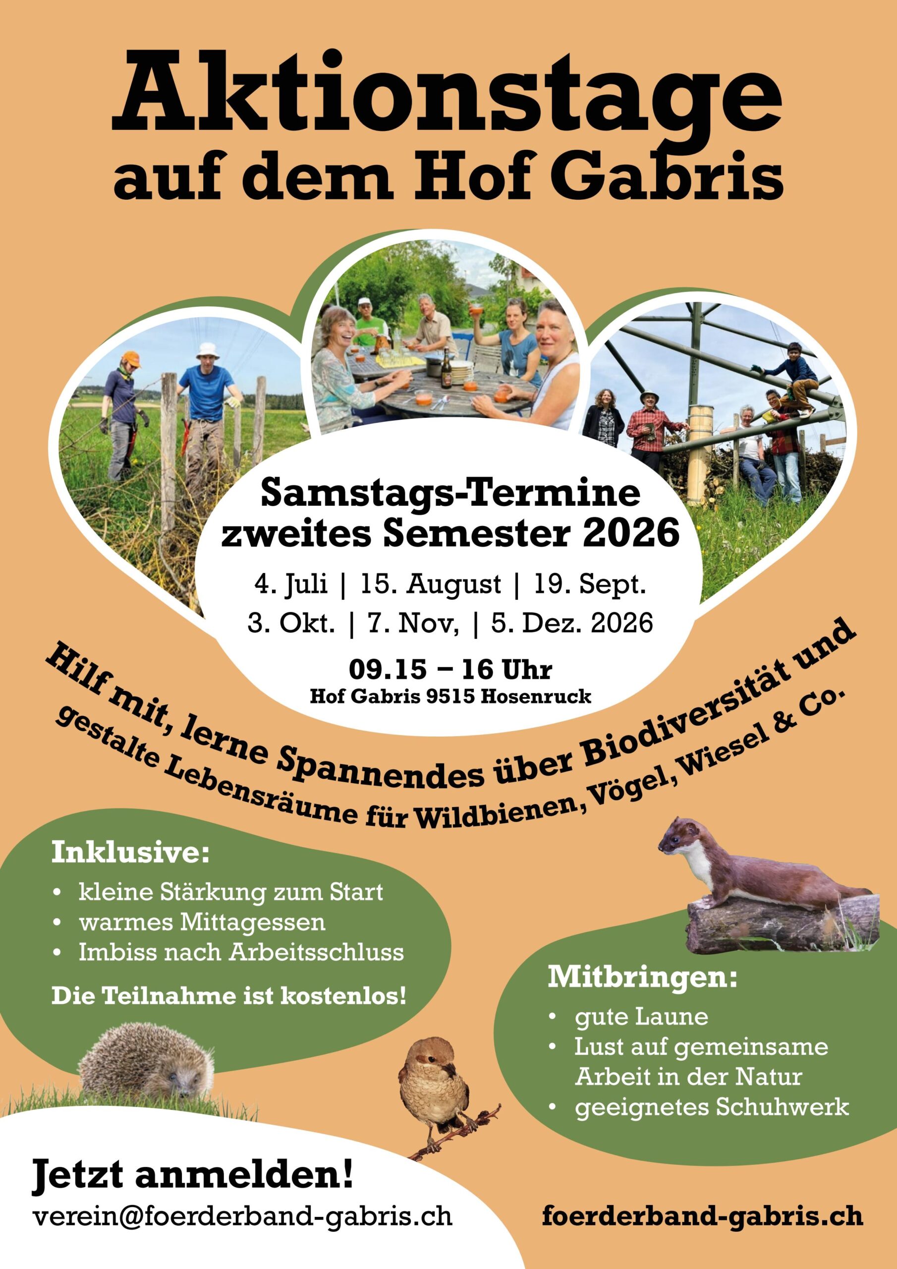 AAktionstage zweites Semester 2026 jeweils Samstag 9.15 Uhr bis 16 Uhr 4. Juli, 15. August, 19. September, 3. Oktober, 7. November, 6. Dezember,
Anmeldung %76%65%72%65%69%6E%40%66%6F%65%72%64%65%72%62%61%6E%64%2D%67%61%62%72%69%73%2E%63%68